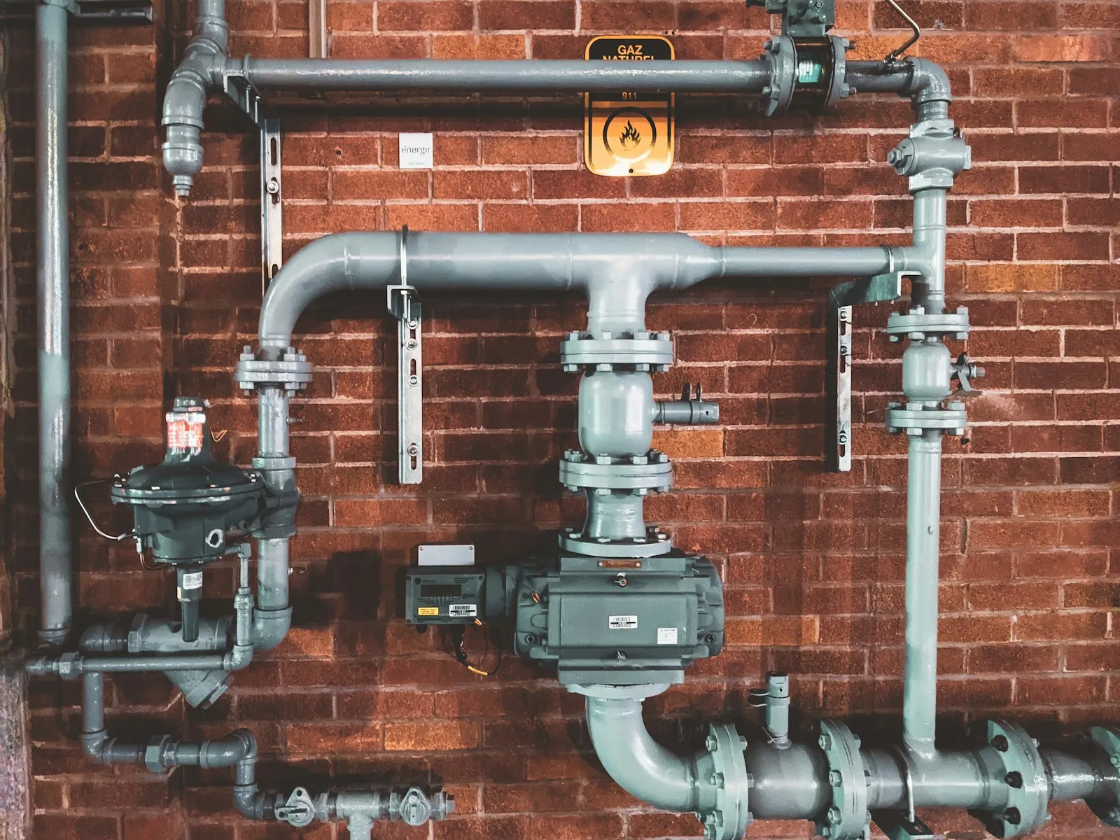 Commercial water piping and valves mounted on a brick wall