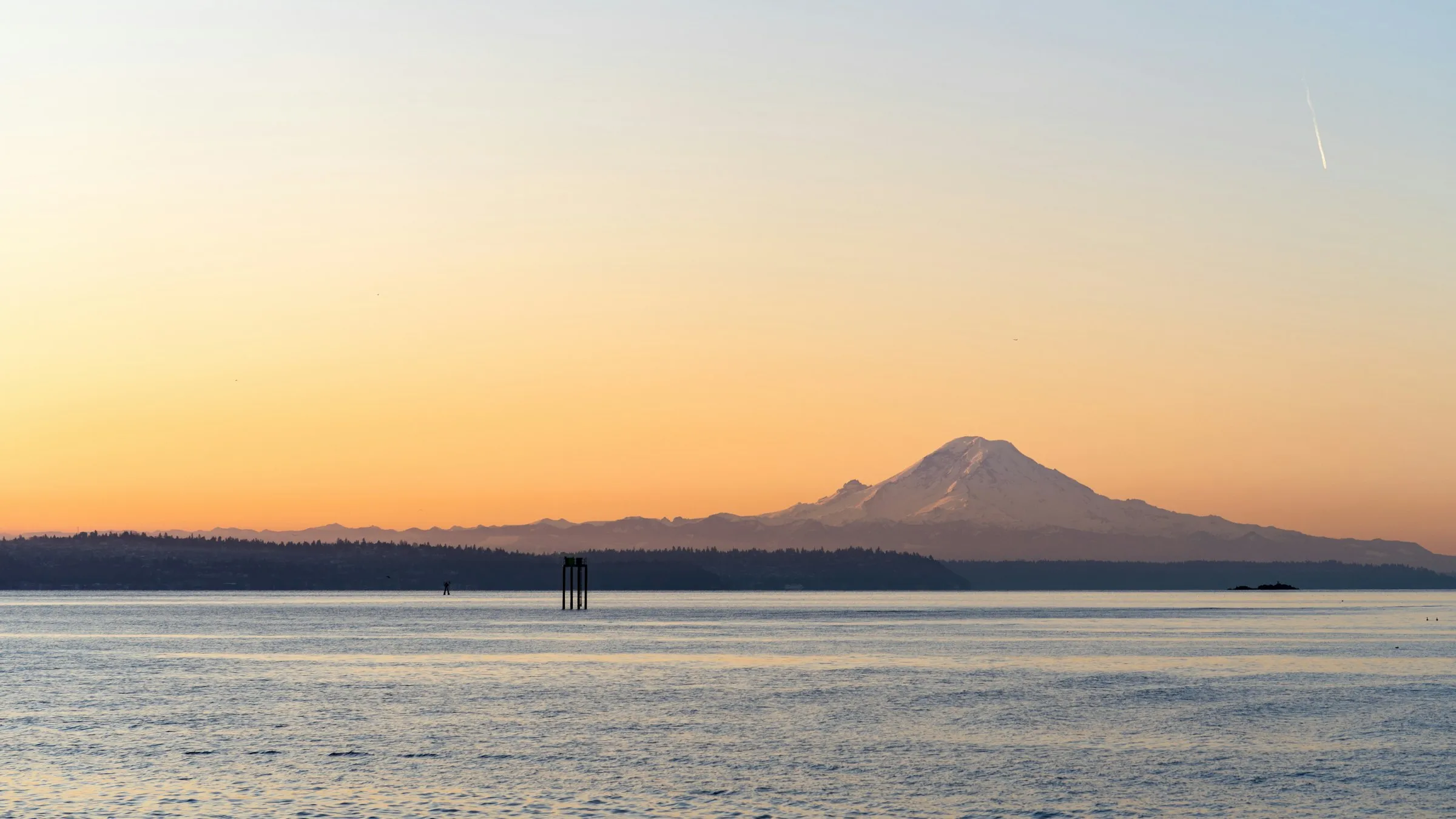 Mount Rainier at sunset across Puget Sound