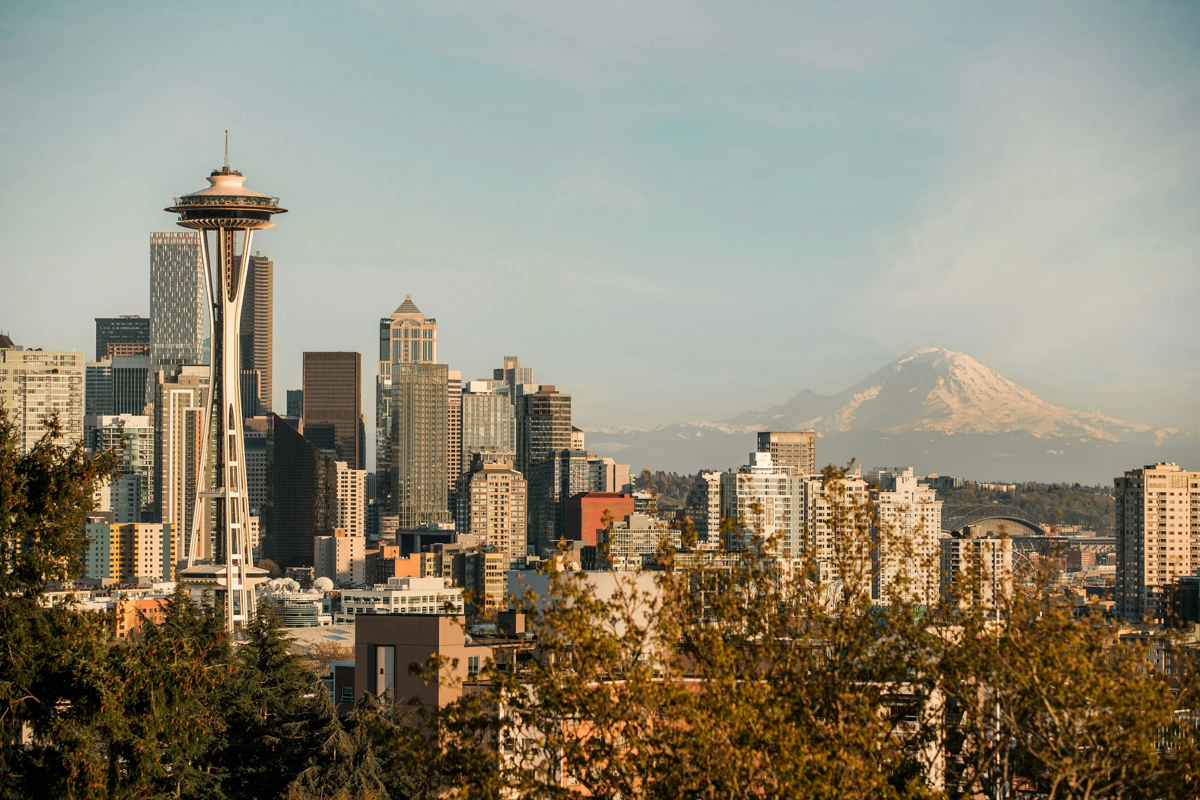 Seattle skyline and Space Needle with Mount Rainier