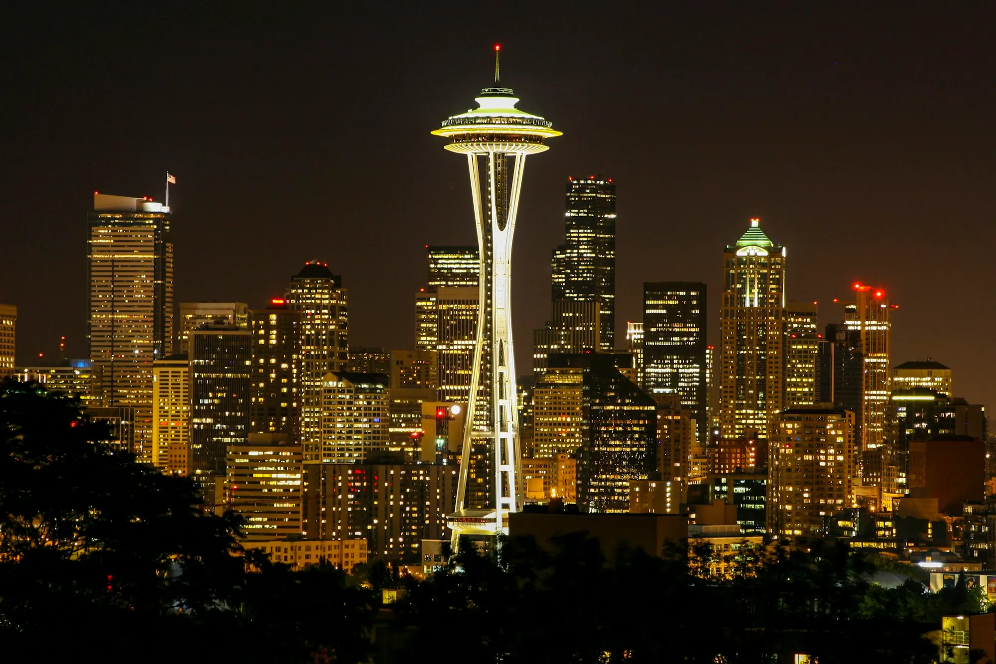 Seattle skyline at night with the Space Needle lit